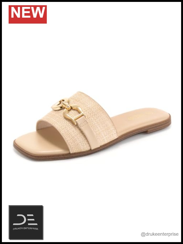 Women's Raffia Leather Slide Sandals Gold Chain Square Toe Slip On Flat Sandals